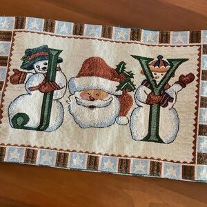 Vintage 90s Christmas Tapestry Table Runner – Santa & Snowmen Form Word "JOY"